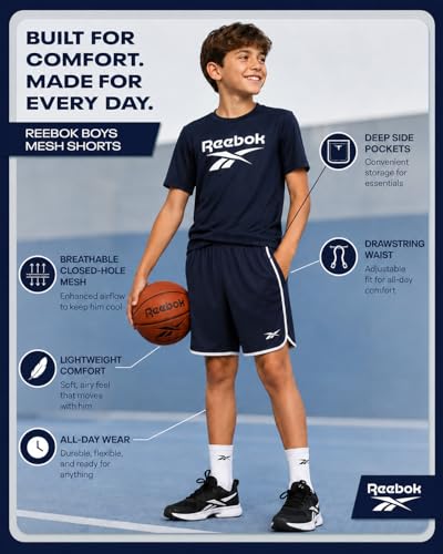 Reebok Boys Breathable Mesh Athletic Shorts 10-12 Navy White Panel 1 or 2 Pack