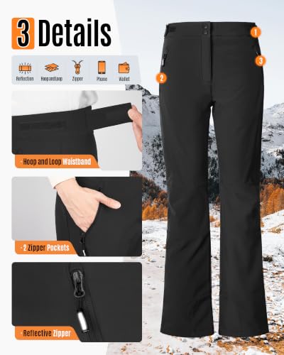Outdoor Ventures Women's Waterproof Fleece-Lined Snow Ski Pants - Black, 10 / New Velcro Waistband