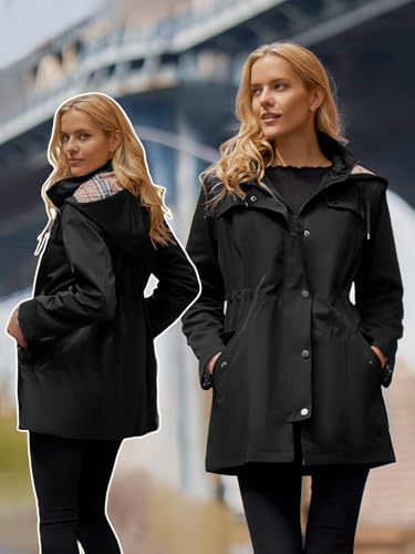 SaphiRose Women’s Long Hooded Rain Jacket - Black, Small