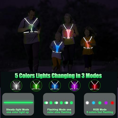 SAWNZC Black LED Reflective Running Vest with 5 Colors & USB Rechargeable - Size Adjustable