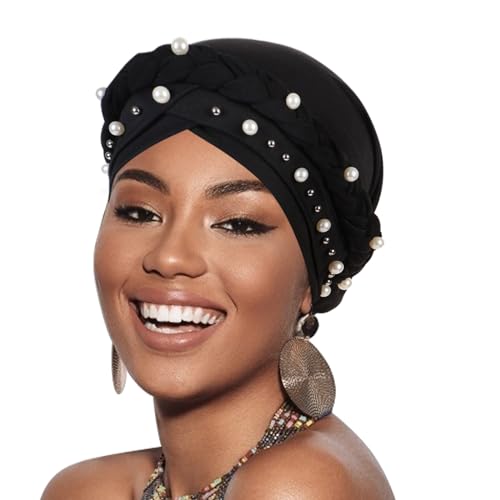 Twisted Braid Turban Cap with Pearls - Black, Pre-Tied Hair Wrap
