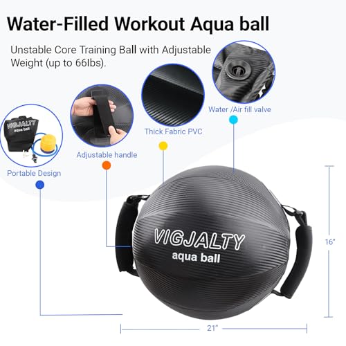 VIGJALTY Heavy Aqua Bag 16" Jumbo Sphere—66 lb Water Weight Bag for Core & Shoulder Stability (Black)