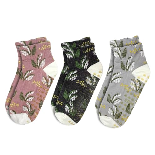 Floral Jacquard Non-Slip Yoga Socks - 3 Pairs for Pilates & Barre - Multi