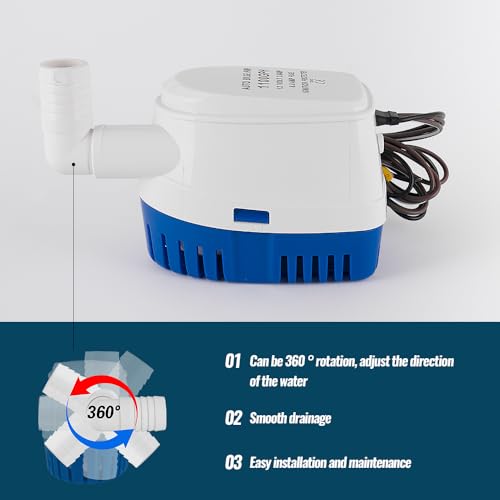 Xztrdi 12V 1100GPH Bilge Pump with Built-In Float Switch – Auto On/Off 1-1/8" Outlet