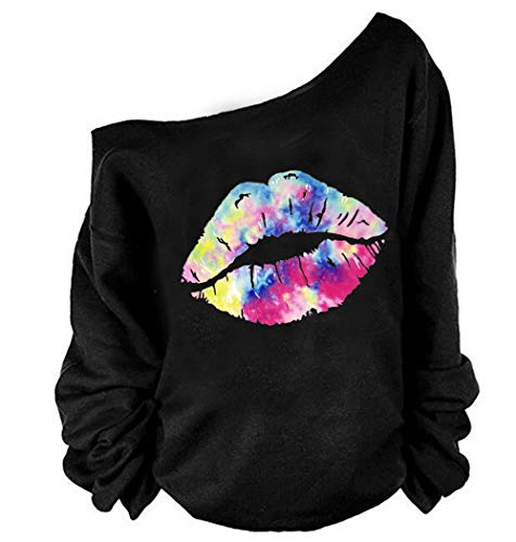 MAGICMK Women's Lips Print Off-Shoulder Sweater Shirt XXL Plus Size Casual Blouse