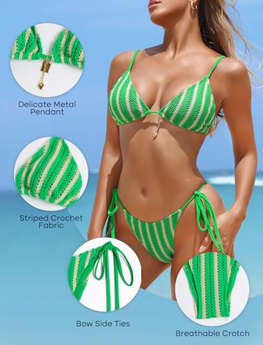 ZAFUL Crochet Bikini Sets for Women Large A-Green - Boho High-Waisted Swimsuit