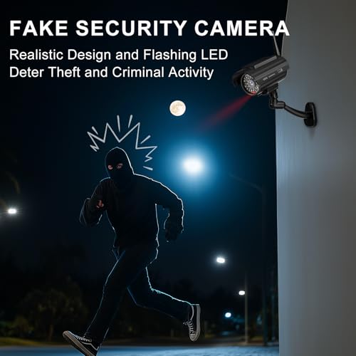WALI Dummy Fake Camera, Solar Powered Fake Security Camera with LED Light, Simulated Surveillance Security CCTV Dome Cameras with Antenna and Warning Sticker Indoor Outdoor (SOL-TCB2), 2 Packs, Black