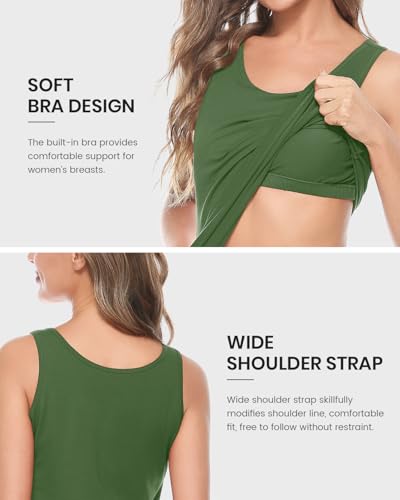 AMVELOP Women’s Tank Tops with Built-In Bra - Cotton Shelf Bra Layering Undershirts 2-3 Pack (Large, 3-Color Set: Black/Dark Gray/Amygreen)