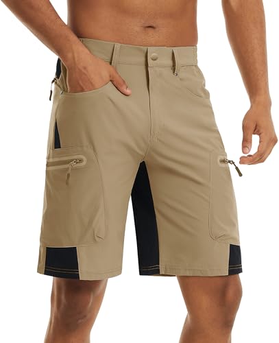 TACVASEN 10" Khaki Men's Hiking Cargo Shorts with Zipper Pockets - Quick Dry, 32