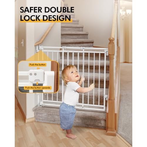 Baby Gate for Stairs Doorways & Kitchen, 26.4"-43" W x 29" H, No Bottom Bar Dog Gate, One-Handed Auto-Close, Hardware Mount Safety Gate for Dogs & Toddlers, White