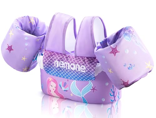 NEMONE 22-70 lb Toddler Swim Vest with Detachable Arm Water Wings - Purple Mermaid