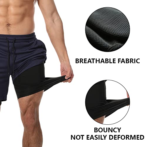 JWJ Men's 2-in-1 Lightweight Workout Running Shorts with Compression Liner - Large 3 Pack Black/Dark Grey/Light Grey