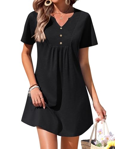 Women's Swimsuit Cover-Up V Neck Short Sleeve Dress - Black, X-Large
