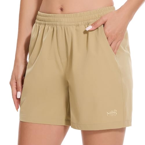 BASSDASH Women’s 5” Quick-Dry Cargo Shorts with Zipper Pockets, UPF 50+, Khaki XX-Large