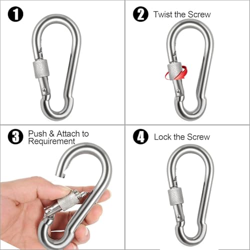 Stainless Steel Locking Carabiner Clips - 2.36 Inch 6PC Set