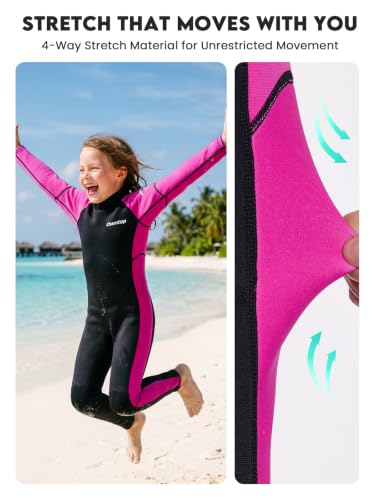 Owntop Kids Wetsuit 3/2mm Full Body Neoprene, Rose Red, Size 8 for Cold Water Swimming