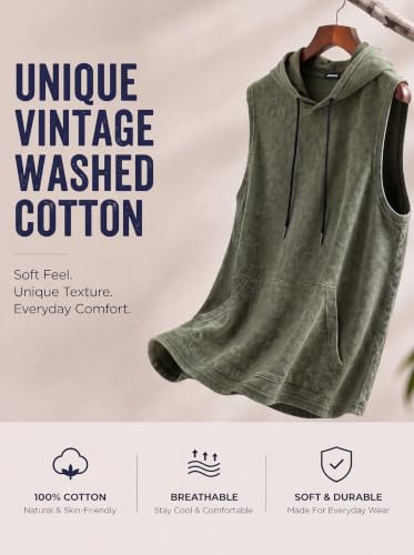 JMIERR Men's Green Cotton Sleeveless Hooded Tank Top with Pocket - Large