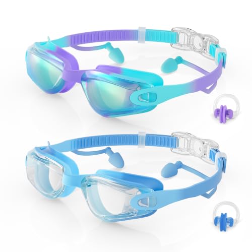 Kids Swim Goggles 2 Pack - Anti Fog & UV Protection - Purple Gold & Clear Blue
