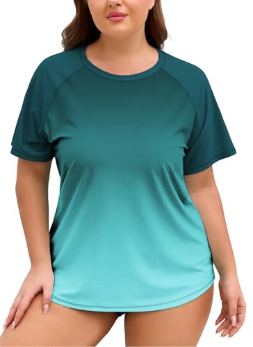 Plus Size Women's UPF 50+ Short Sleeve Rash Guard Swim Top - Green Tie Dye, 3X-Large
