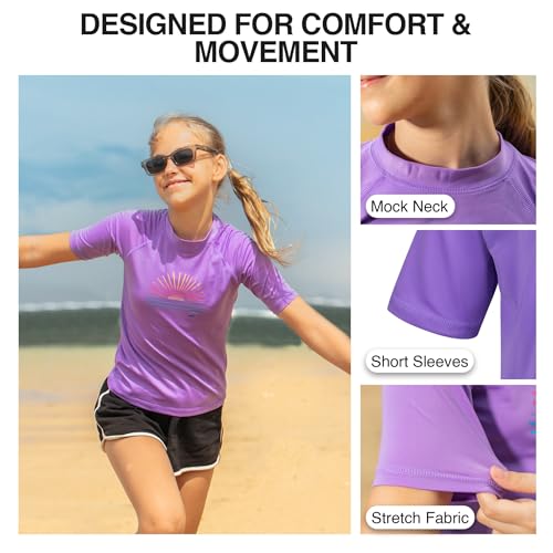 Girls' UPF 50+ Short Sleeve Rash Guard Swim Shirt - 2T, Cori Neon Purple