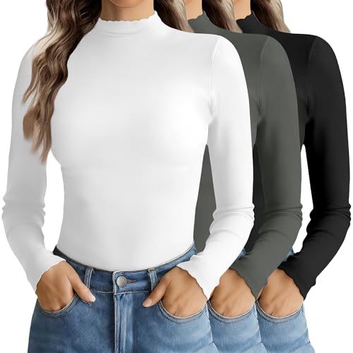 Long Sleeve Turtleneck Tops for Women - 3 Pack Small Black/White/Dark Grey
