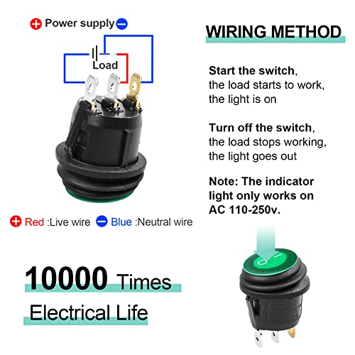 2 Pcs Green LED Round SPST Rocker Switch - Waterproof