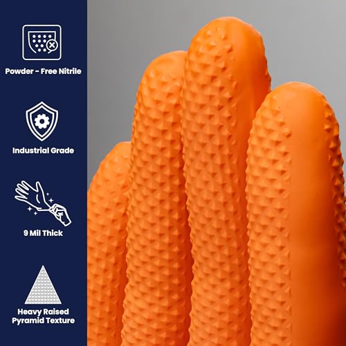 Adenna ProWorks CATCH Disposable Nitrile Gloves ? 9 Mil, Heavy Duty Work Rubber Glove with Raised Pyramid Grip, Non?Latex & Powder Free, Pack of 100, Medium, Orange