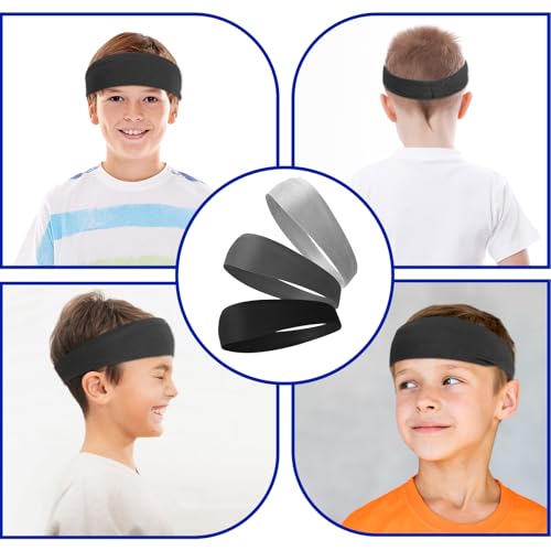 Kids Athletic Headbands - 3 Pcs Elastic Sweatbands - Black, Light Gray, Dark Gray