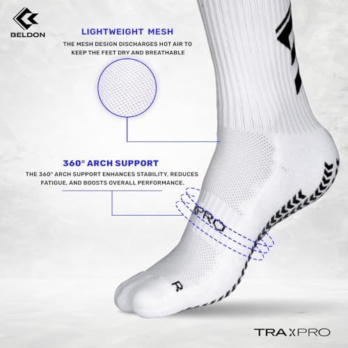 Traxpro Calf Length Grip Socks - White for Football, Running, Basketball