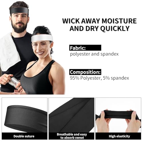 Adjustable Sports Headbands - 3-Pack Sweat Wicking - Black, White, Dark Gray