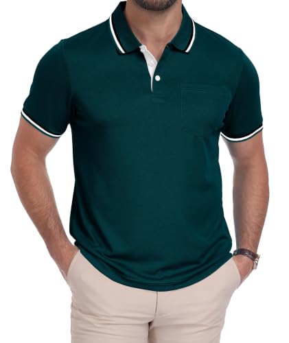 ZITY Men's Polo Shirt with Pocket, Moisture-Wicking Collared Golf Top, XL Dark Teal Blue