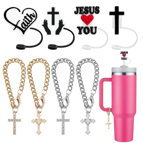 Jesus Straw Covers - Christian Straw Cap Set for 10MM Straws, 4 Caps & Chains
