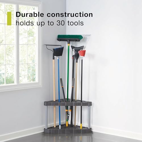Rubbermaid Plastic Garage Corner Tool Tower Rack, Easy to Assemble, Organizes up to 30 Long-Handled Tools/Rakes/ Brooms/Shovles for Home/House/Outdoor/Sheds