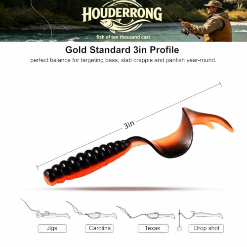 Houderrong 3in Curly Tail Grub Soft Swimbait Kit - 60 Pack, 6 Colors for Freshwater Fishing
