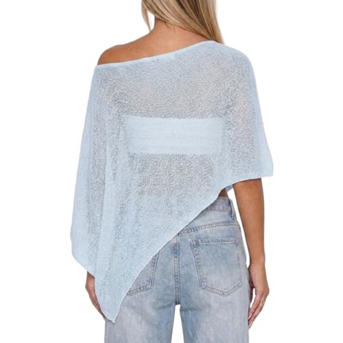 NVRENJIA Women’s Sheer Poncho Top Large Blue Lightweight Crochet Mesh Beach Cover-Up