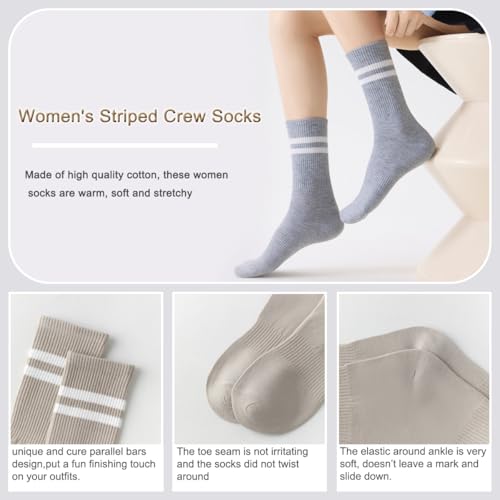 Striped Crew Socks - Long Cotton Athletic Casual Socks (2 White, 2 Beige, 2 Black, 2 Gray)