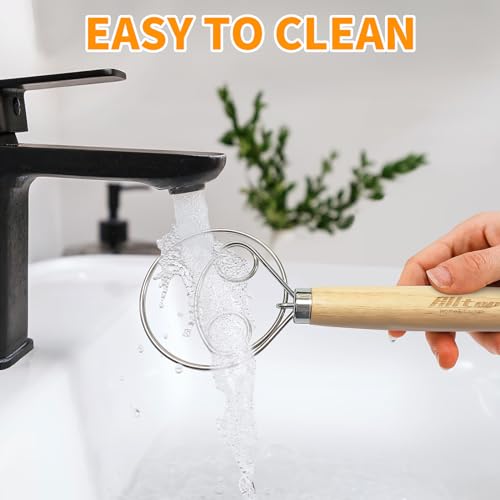 Danish Dough Whisk - Stainless Steel Bread Mixer with Wooden Handle - Double Eye