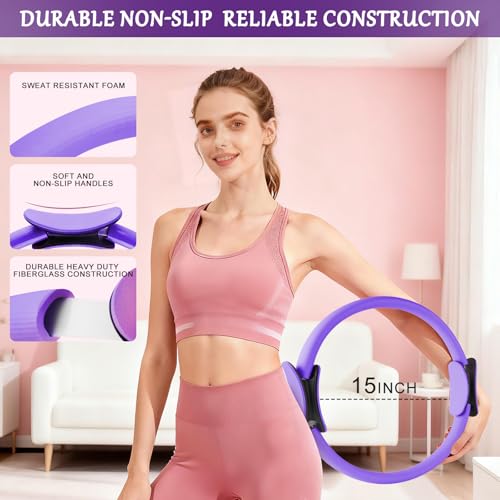 Pilates Kit for Home Workouts - 15PCS Set with 12-Inch Purple Ring