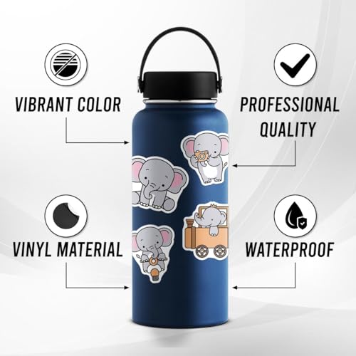 Pack 50 Pcs Cute Animal Elephant Stickers for Water Bottles Waterproof Laptop Luggage Cup Computer Scrapbooking Teens Adults Girls Boys Aesthetic Sticker Packs Small Vinyl Decals