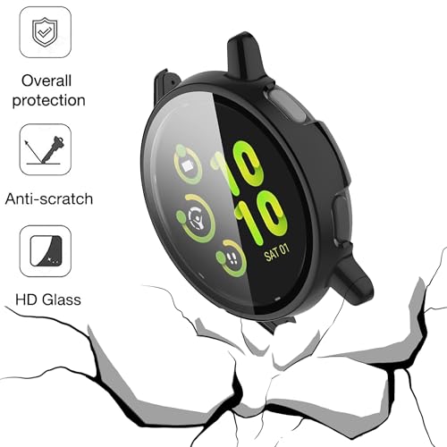 Hard PC Case & Tempered Glass Screen Protector for Garmin Vivoactive 5 - Black/Black