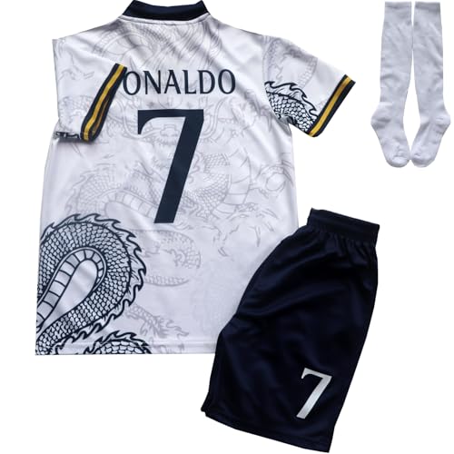 #7 R Special Edition Kids Soccer Jersey Kit with Socks - White, Size 26 (8-9 Years)