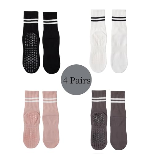 Non-Slip Yoga Socks for Women - 4 Pairs in Black, White, Grey, Pink