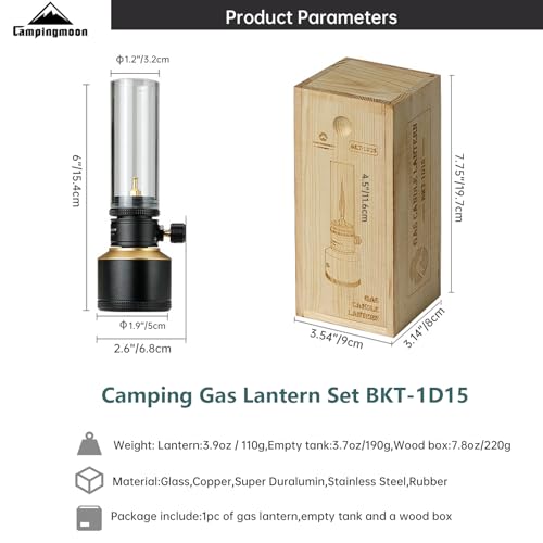 Campingmoon Gas Candle Lantern BKT-1D15 15g Refillable Tank with Wooden Case