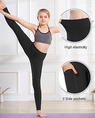 Girls Leggings with Pockets - Soft Stretch Athletic Pants, 12-13 Years / A1-Black