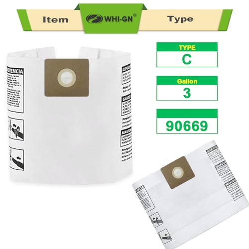 5 Pack Shop Vac 3 Gallon Bags - 90669 All Around Collection Type C Vacuum Bags, part # 9066900 9066933