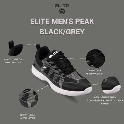 ELITE Men's Peak Bowling Shoes - 40% Lighter, Breathable Knit Uppers, Universal Soles - Size 10.5, Black/Grey