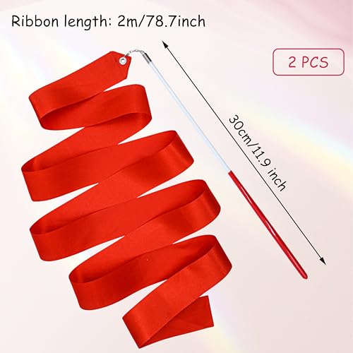 2pcs Rhythmic Gymnastics Ribbon Wands - 78.7 Inch Dance Streamers - Red