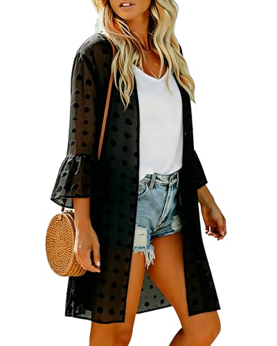 Women’s Summer Kimono Cardigan Beach Cover Up with Puff Sleeves
