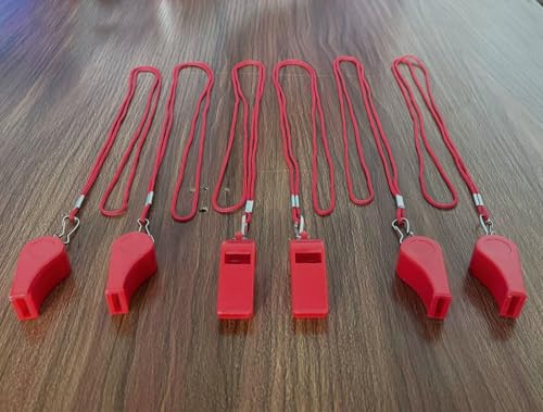 Red Plastic Sports Whistles with Lanyard - 20 Pack Referee & Emergency Use