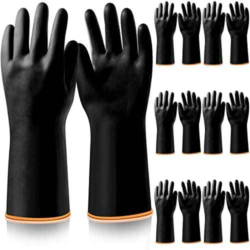 6 Pairs Chemical Resistant Gloves Heavy Duty Industrial Rubber Cleaning Black Protective Safety Work Waterproof Reusable Gloves for Car Home Lab, 14 Inches Large